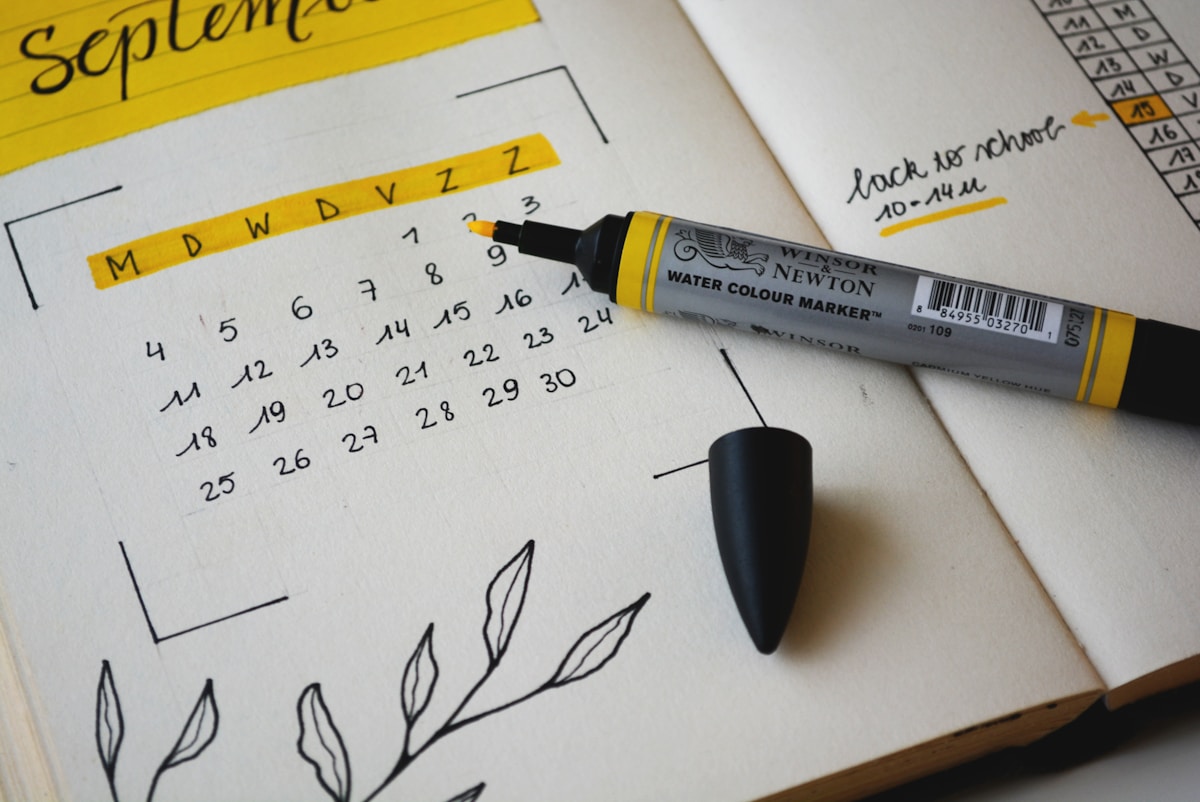 Wall calendar with campaign milestones marked in amber